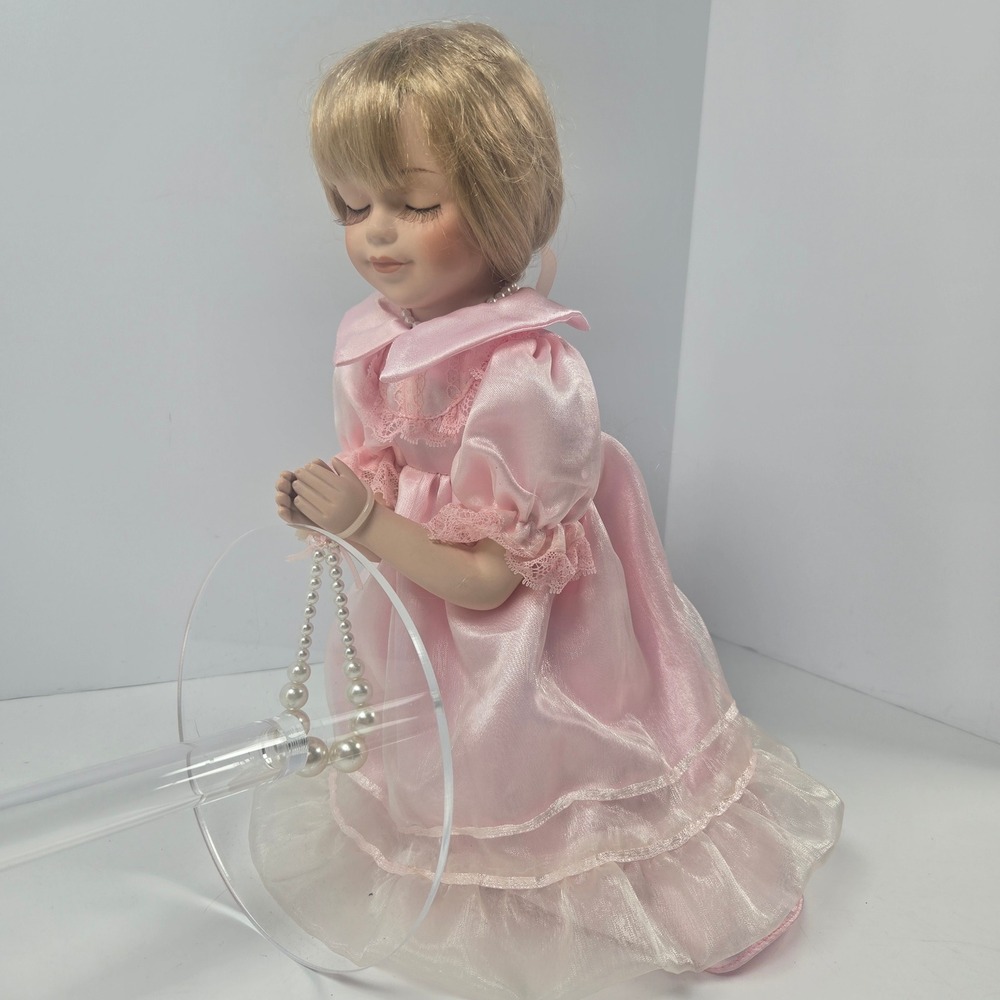 Vintage Porcelain Praying Girl Doll 12" Pink Satin Dress Lace Religious Decor